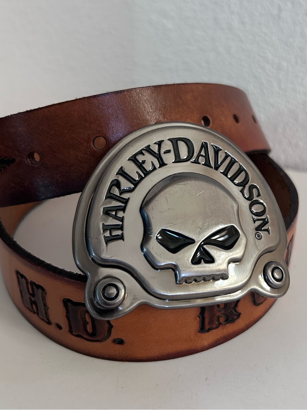 Harley Davidson Belt X Large - XXL Brown Leather Silver Scull Buckle Hand Tooled